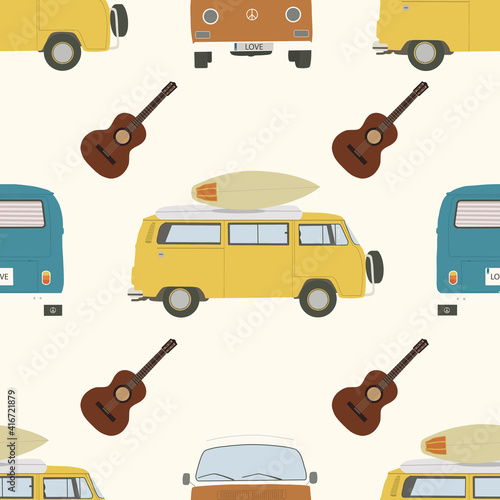 Seamless pattern with bus, surfboards and guitar. Backgrounds and wallpapers for invitations, cards, fabrics, packaging, textiles. Vector illustration.
