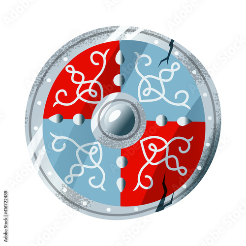 Viking shield. Medieval Norway armor of people for protection vector illustration. Silver red and blue fighter shield with decorative elements and cracks isolated on white background