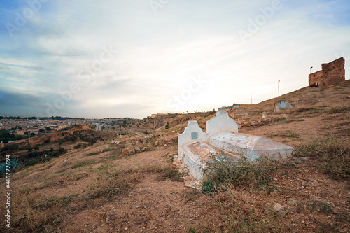 Photography Muslim cemetery graves. Fez, Morocco, North Africa.