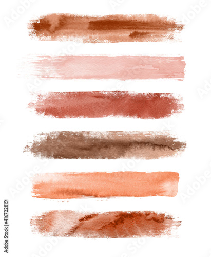 Watercolor terracotta brush strokes isolated on white background. Abstract collection, elements for design. photo