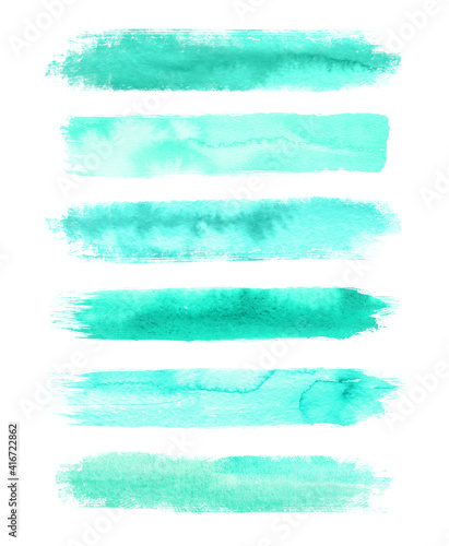 Watercolor turquois brush strokes isolated on white background. Abstract collection, elements for design.