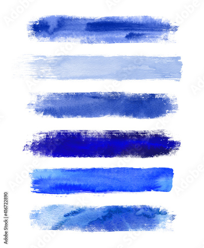 Watercolor blue brush strokes isolated on white background. Abstract collection, elements for design.