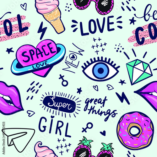 hand drawn fashion girls pattern. Colourful modern teenagers background with graffiti elements, stickers. girlish  print for textile, clothes, wrapping paper.
