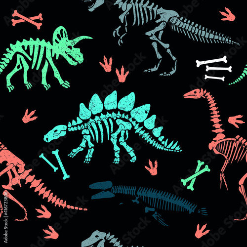 Seamless  Dino pattern, print for T-shirts, textiles, wrapping paper, web. Original design with t-rex,dinosaur skeleton.  grunge design for boys .  © SokolArtStudio
