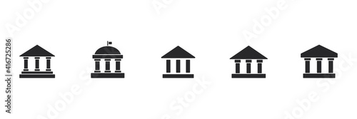 Bank icon set. University black symbol group. Building with columns silhouette collection. Vector isolated on white