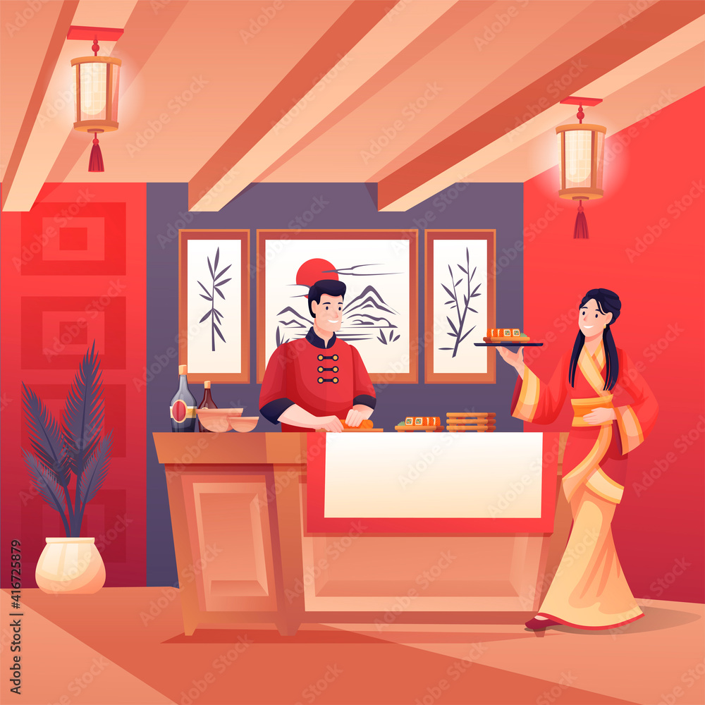 Chef cooking and waitress in Japanese sushi restaurant. Young woman with plate in cafe, man preparing food. Asian traditional cuisine vector illustration. Modern interior design Chef cooking and waitress in Japanese sushi restaurant. Young woman with plate in cafe, man preparing food. Asian traditional cuisine vector illustration. Modern interior design