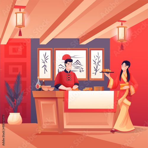 Chef cooking and waitress in Japanese sushi restaurant. Young woman with plate in cafe, man preparing food. Asian traditional cuisine vector illustration. Modern interior design