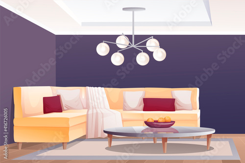 Modern living or hotel room interior design background. Home with sofa with pillows and blanket, table with fruit in plate. Empty cosy area for rest and recreation vector illustration