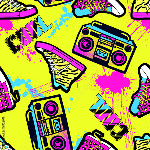 hand drawn fashion girls pattern. Colourful modern teenagers background with graffiti elements, stickers. girlish  print for textile, clothes, wrapping paper.