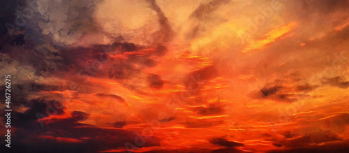 Wide panoramic view of the sunset sky with dark clouds. Artistic work on the theme of nature