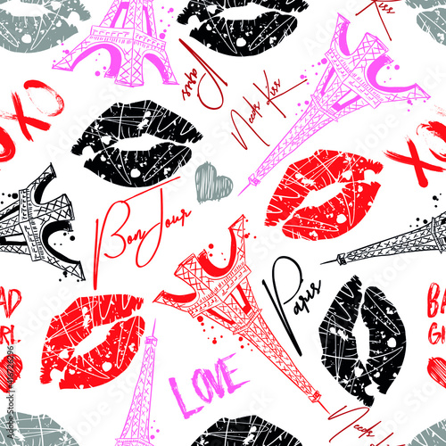 Fashion seamless pattern. Bonjour Paris. pattern with original calligraphic f...