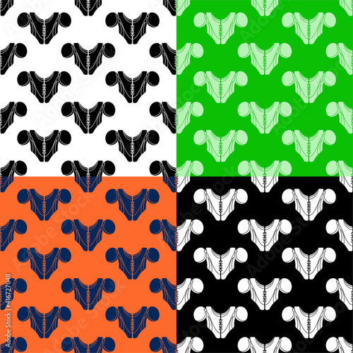 set of seamless patterns with American football player chest protector. Shoulder and chest protection for upper body. Ornament for decoration and printing on fabric. Design element. Vector