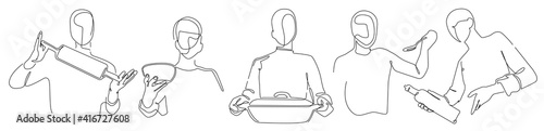 Set with People who Cook and Utensils. Cooking Background. Line art Poster. Vector illustration.
