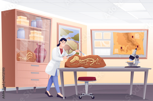 Paleontologist doing research with fossils in lab. Young woman studying extinct dinosaur bones in laboratory vector illustration. Ancient history museum interior background