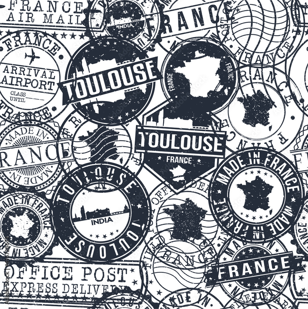 Fototapeta premium Toulouse France Stamps Background. City Stamp Vector Art. Postal Passport Travel. Design Set Pattern.