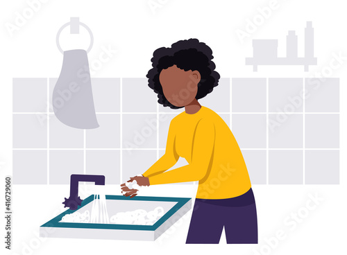 African-american woman washing her hands in the sink concept vector illustration. Virus and germs prevention healthcare in flat design