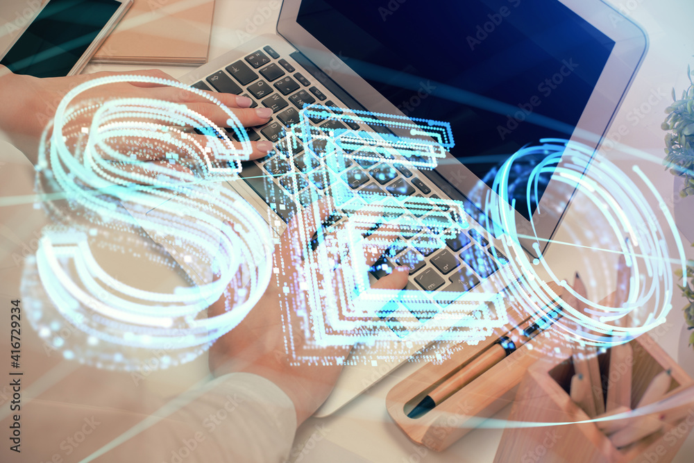 Double exposure of woman hands working on computer and seo hologram drawing. internet search concept. Double exposure of woman hands working on computer and seo hologram drawing. internet search concept.