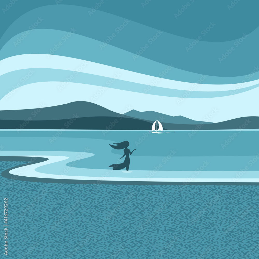 The girl stands on the shore of the bay. Vector illustration