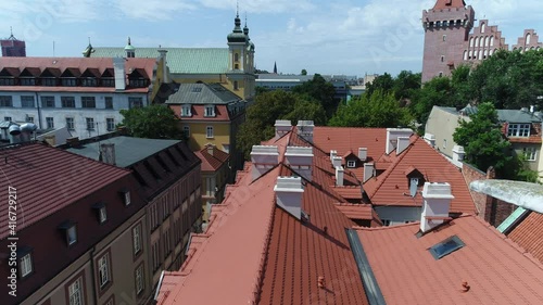 Atmospheric tenement houses in the Old Market Square in Poznań on a video from a drone.