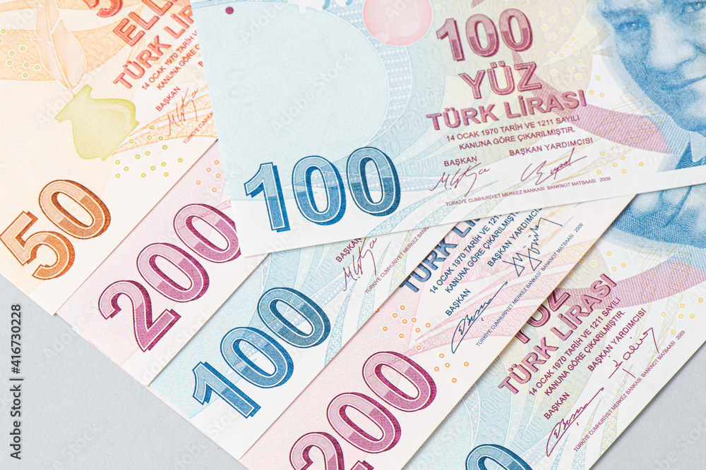Turkish Lira banknotes front, close-up detail. Turkish Lira banknotes front, close-up detail.