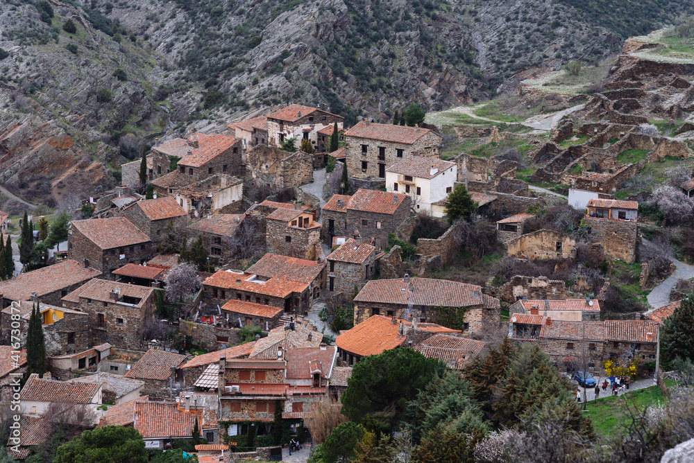 Panoramic view of the antique and touristic village of Patones de Arriba, Madrid, Spain. Slate stone architecture