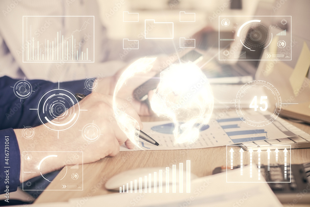 Double exposure of man's hands holding and using a digital device and forex graph drawing. Financial market concept. Double exposure of man's hands holding and using a digital device and forex graph drawing. Financial market concept.