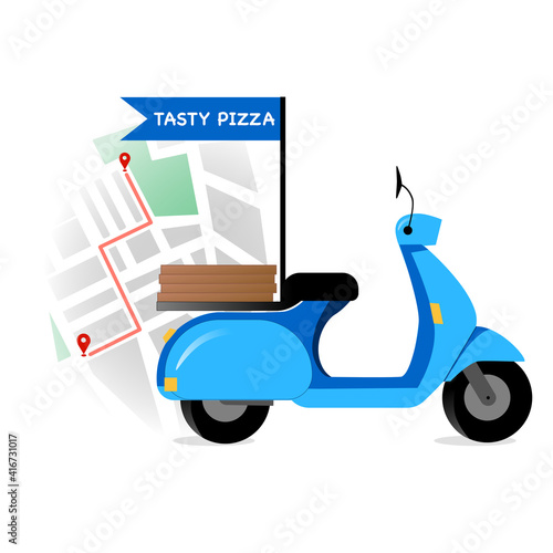 Tasty pizza delivery service, online order tracking, delivery home and office. Scooter delivery on map