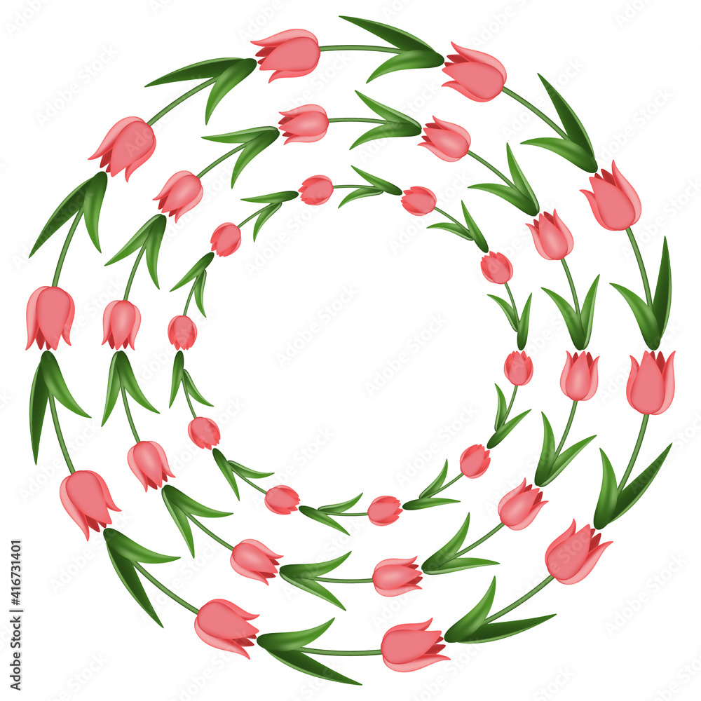 Floral round frame, border of red tulips. Set of vector backgrounds. Design elements for invitation, greeting card.