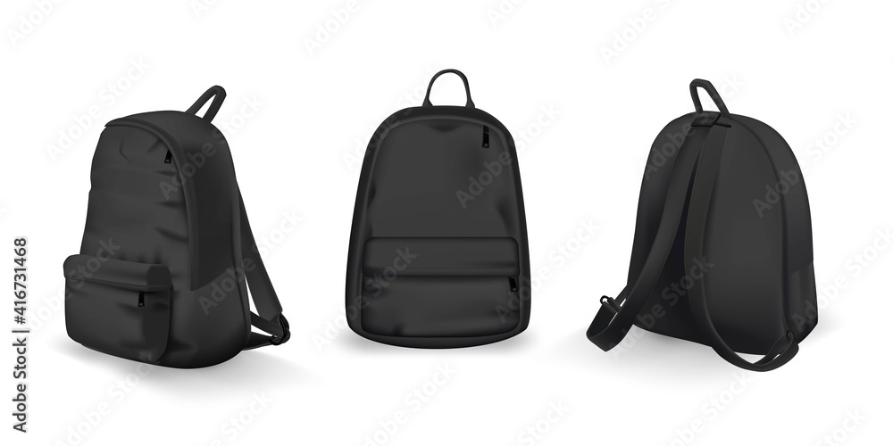 Black backpack design front, back and side view set. College or school rucksack mockup vector illustration. Realistic youth pack of fabric for study or sport with shadows isolated on white background - obrazy, fototapety, plakaty 
