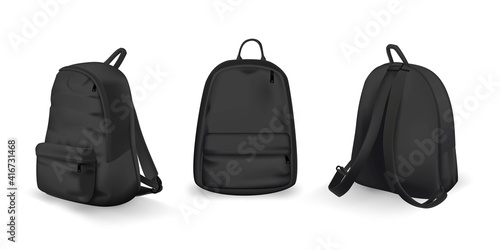 Black backpack design front, back and side view set. College or school rucksack mockup vector illustration. Realistic youth pack of fabric for study or sport with shadows isolated on white background photo
