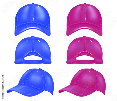 A set of caps from different angles in red and blue. Design of caps and baseball caps side view, back, front view, isolated on white background. Vector illustration