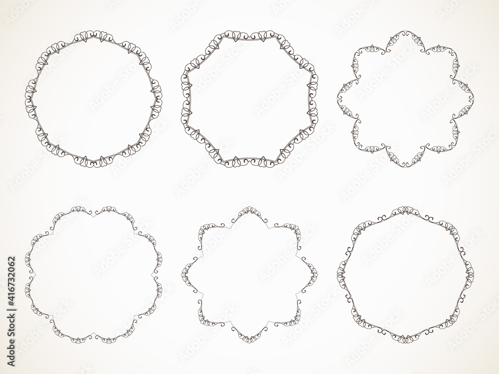 Ornamental calligraphic round frame with heart design element, Vector set