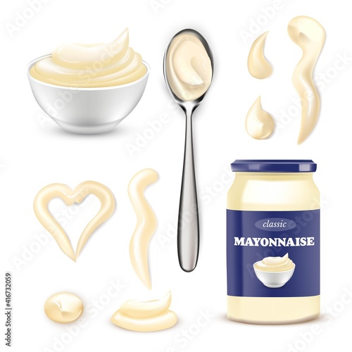 Mayonnaise sauce set. Bowl, bottle, spoon with mayo vector illustration. Jug with blue packaging, creamy dips and drips of different shape. Dressing for food product design