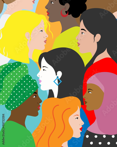 International women's day poster. Profile faces of different races. 