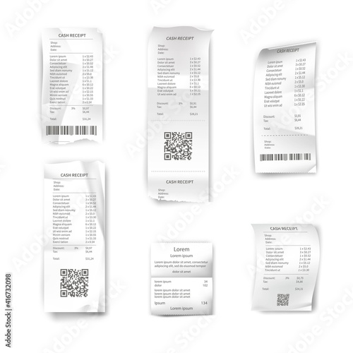 Receipt set. Paper bills, shop and supermarket checks vector illustration. Realistic lists of purchases with prices, barcodes, QR codes, taxes, payment with money on white. Finance transactions