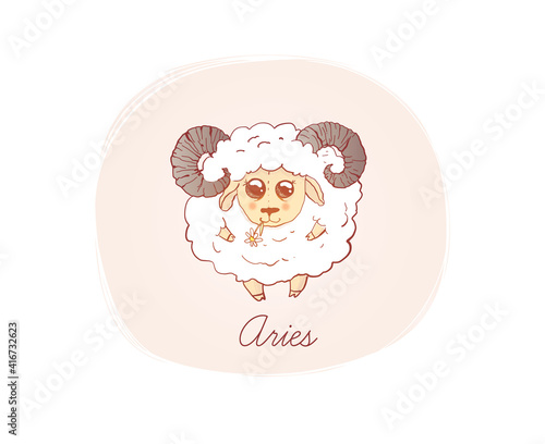 Illustration of Aries. Cartoon style. Zodiac vector illustration for kids. One of 12  in collection for your design of astrology calendar or horoscope