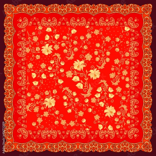 Beautiful vintage ornament with fabulous golden flowers on vibrant red background and decorative paisley and lace frame. Print for carpet, bandana, napkin, pillowcase. Russian folk motifs.