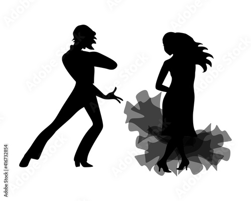 Black silhouettes of dancing man and woman isolated on white background.