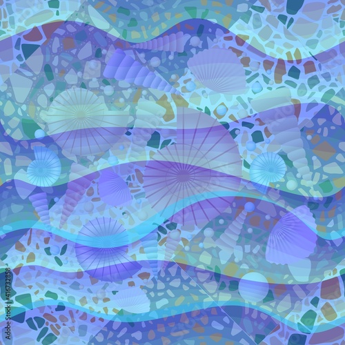 Seamless pattern with seashells on rocky bottom and transparent lazur waves. photo