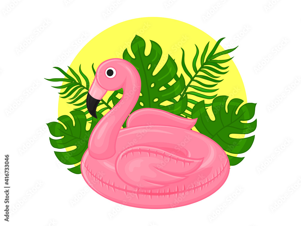 Naklejka premium summer illustration. rubber ring for swimming, flamingo and tropical leaves. Cartoon style.