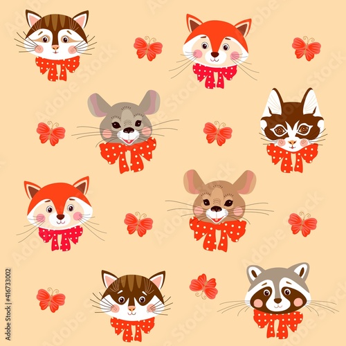 Adorable mustachioed little animals' faces: foxes, kittens, mice and raccoons. Cute cartoon print for kid.