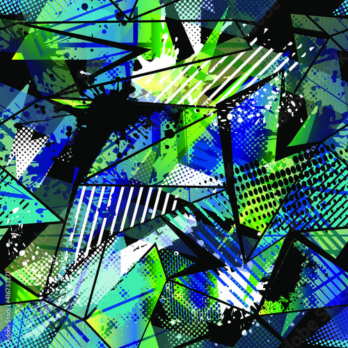 Abstract seamless repeated backdrop for sport textile, fashion clothes, wrapping paper. Grunge geometric repeats backdrop. graffiti style
