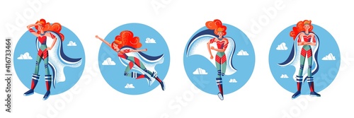 Superhero in costumes set. Cartoon comic heroes with capes vector illustration. Woman with powers posing on blue sky background. Brave superwoman standing and flying