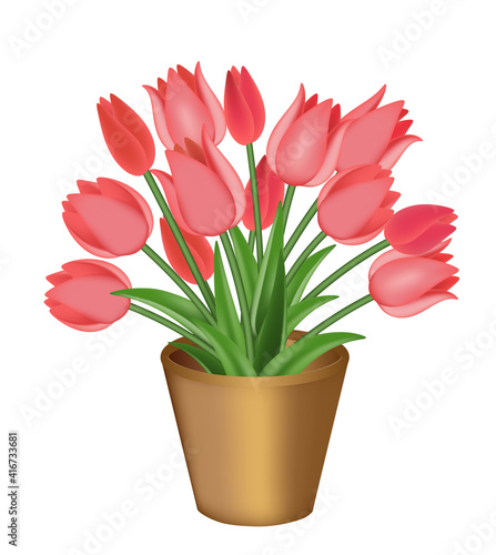 Bouquet of red tulips in a flower pot. Vector illustration  isolated on white.