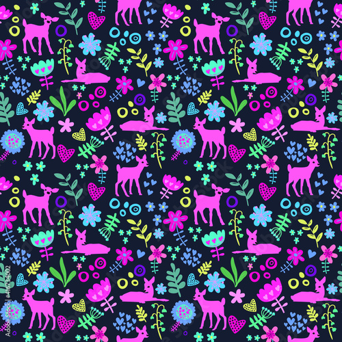 Cute seamless pattern with roe and flowers. Girlish background for children. Pattern for textile, clothing, wrapping paper.

