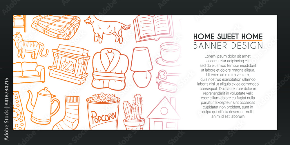 Sweet Home Banner. House Background Hand drawn. Safety Zone Icons illustration. Vector Horizontal Design.