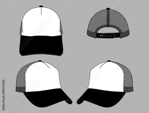 Black-White Mesh Trucker Cap with Adjustable Snap Back Closure Design on Gray Background, Vector File