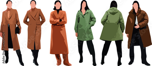 Set of women standing and wearing coat, in various poses, cartoon character, people, business, group, vector silhouette, flat design icon, different colors, isolated on white background 