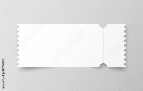 Realistic ticket with one stub rip line and shadow. Mock up coupon entrance isolated on grey background. Template design for entertainment show, event, boarding pass. Vector illustration