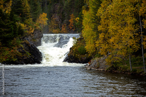 Famous Jyrävä waterfall at Kitkajoki rivet in Oulanka national park near Kuusamo, Northern Finland during autumn foliage photo